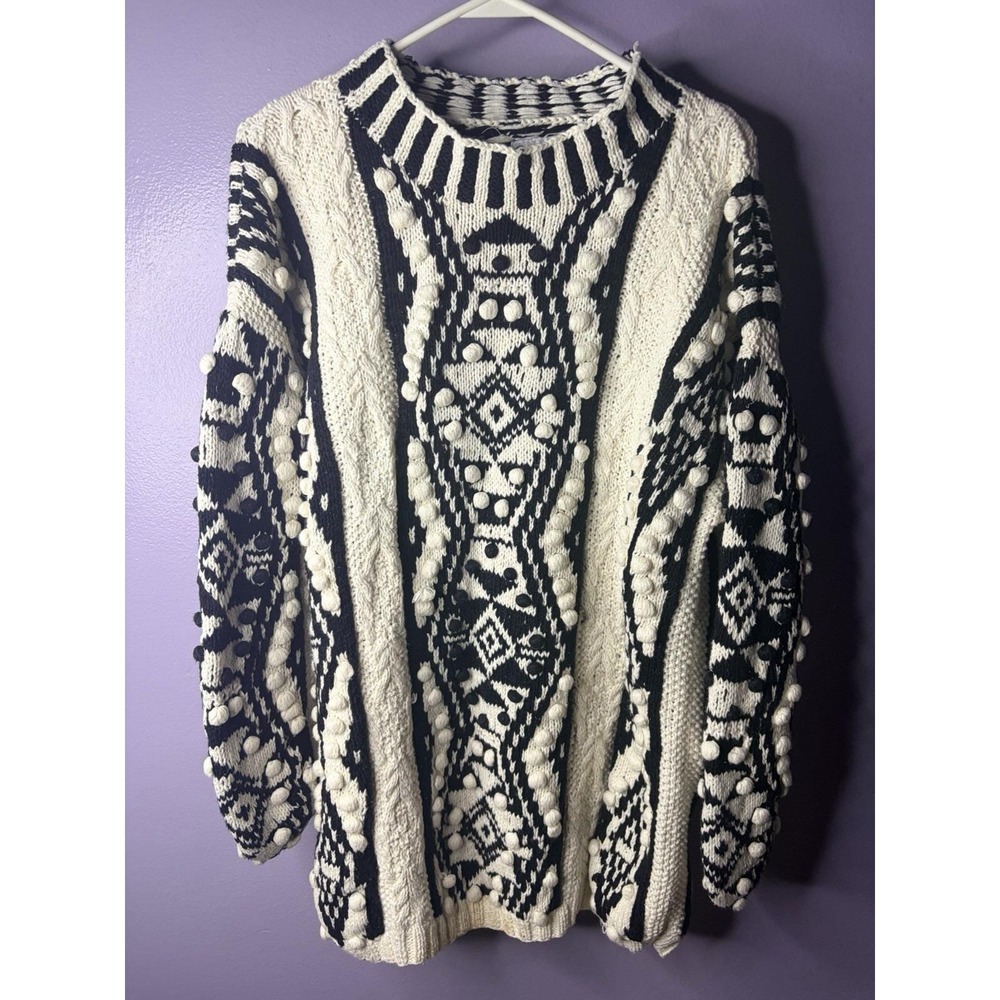 Vtg Coogi Style Sweater Chunky Knit Black White Geometric Oversized Aztec M L